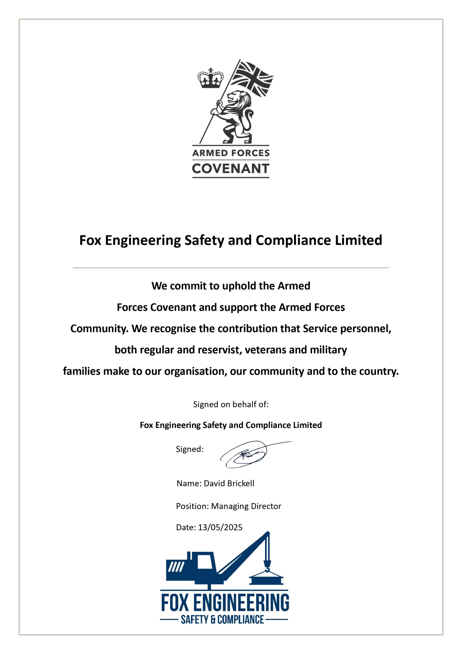 Fox Engineering Safety And Compliance Limited Armed Forces Covenant (1) Page