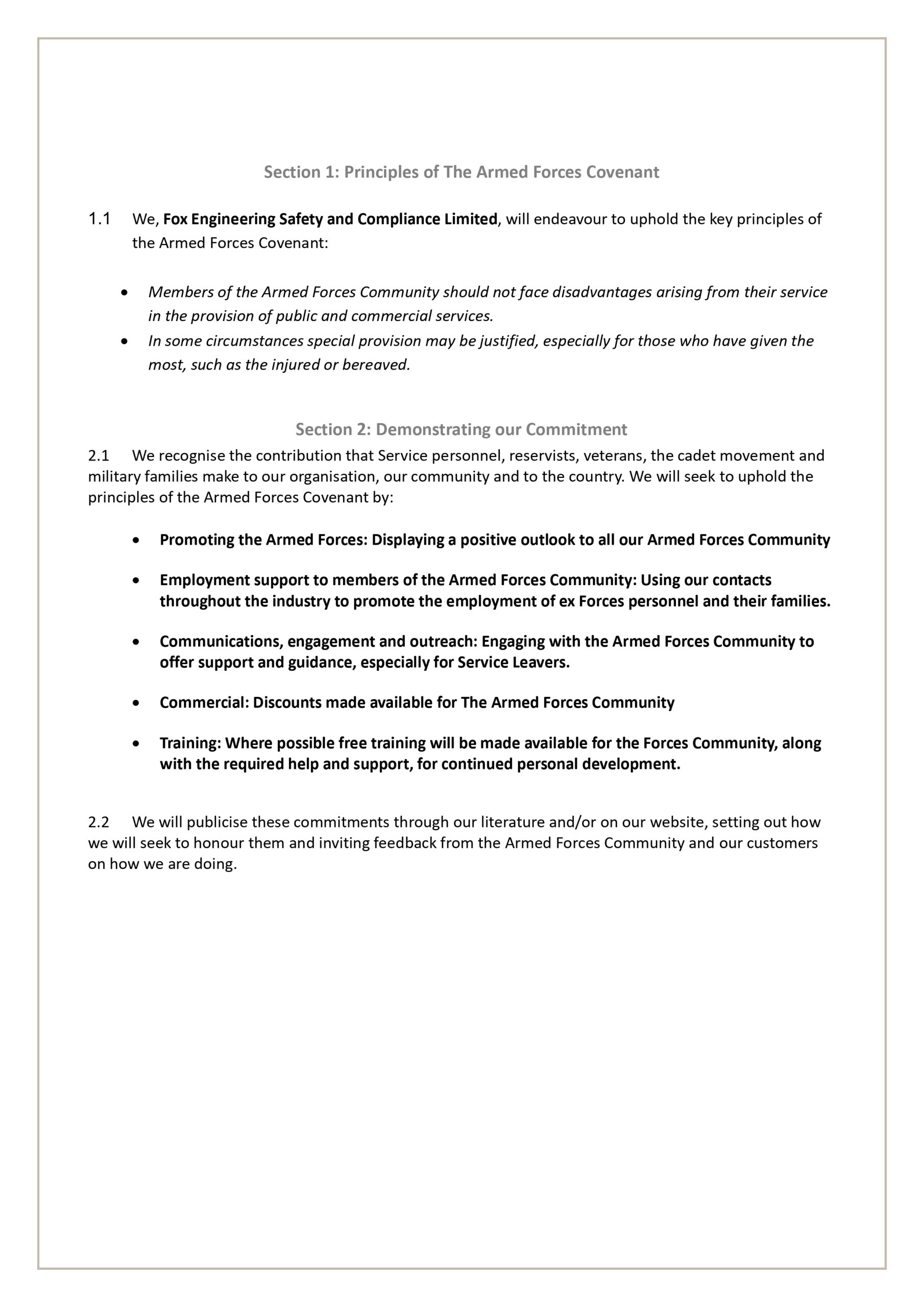 Fox Engineering Safety And Compliance Limited Armed Forces Covenant (1) Page